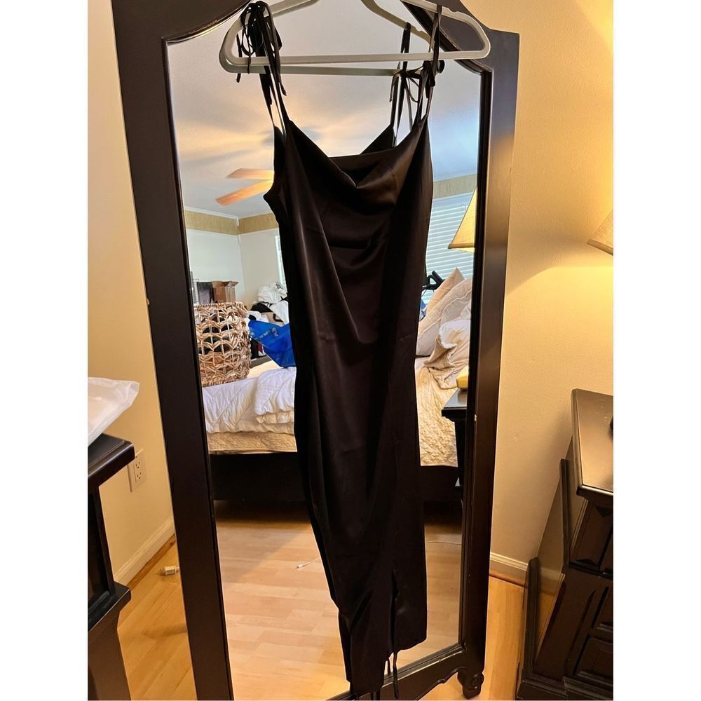 Satin Spaghetti Straps Cowl Neck Sexy Ruched Cocktail Midi Dress S - Picture 2 of 2